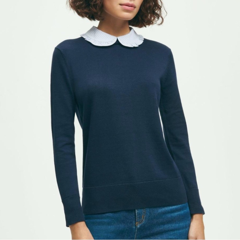 Brooks Brothers Navy Sweater with Plaid Collar